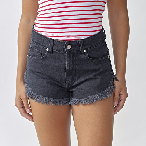 Shorts Denim Mujer Jean Negro Con Flecos Primavera/verano