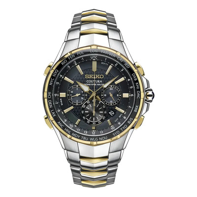 Reloj Seiko Coutura Radio Sync Solar Chronograph Ssg010 Correa Plateado Bisel Dorado Fondo Negro | Envío gratis