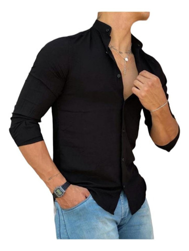 Camisa De Lino Importado Cuello Mao Manga Larga Hombre