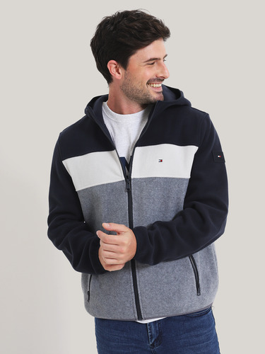 Polerón Hoodie Color Block Con Cierre Azul Tommy Hilfiger