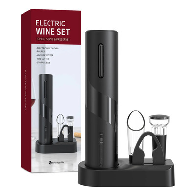 Set Destapador De Vino Accesorios Con Base Recargable Negro