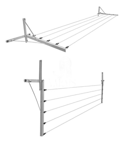 Varal Dobrável Branco 5 Cordas Parede Muro, Não Enferruja Ad
