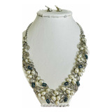 Collar Perlas Y Piedras Azuladas Con Aros Colgante A Brillar