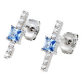 Aretes De Plata 925 Azul Zirconias Barra Unitalla Mujer