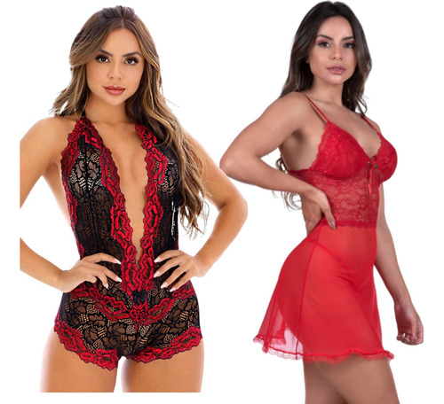 Kit Camisola Sensual C/ Calcinha + Body Sexy Renda Bicolor