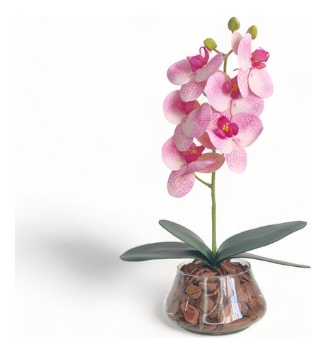 Arranjo Orquídea Artificial Silicone Branca  + Vaso De Vidro