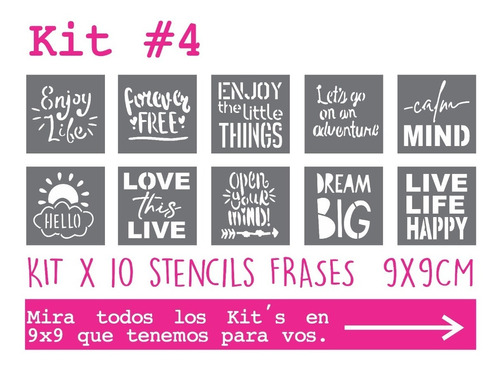 Kit #4  X 10 Stencils Frases Ingles 9x9cm  Noreste Ideas