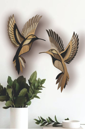 Cuadro Colibri En Madera En Capas 3d Set X 2 Claro Y Oscuro