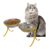 Comedouro Alto Pet Inox Para Gatos Duplo Ração Agua  Amarelo