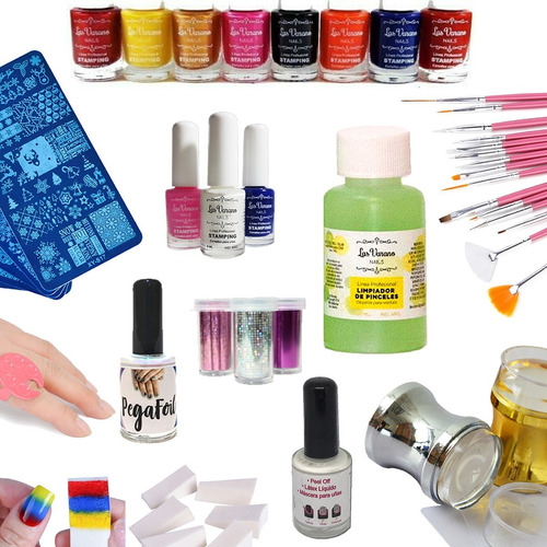 Kit De Stamping Placa Sello Pinceles Esmaltes Limpiador Uñas