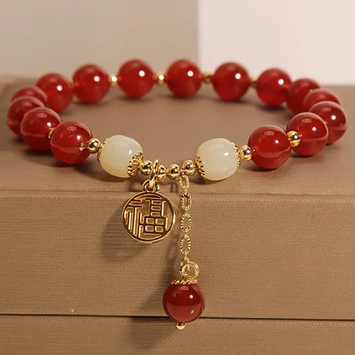 Y Pulsera De Ágata Roja Y Oro | Estilo Clásico Alta Calidad