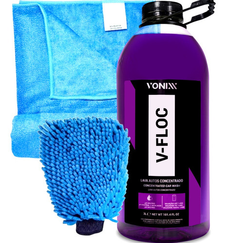 Shampoo V-floc Vonixx 3l + Toalha Secagem Luva Microfibra