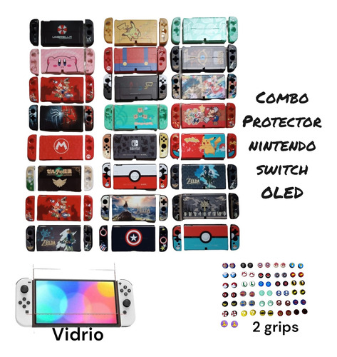 Combo Protector Acrilico + Vidrio + 2 Grips Nint Switch Oled