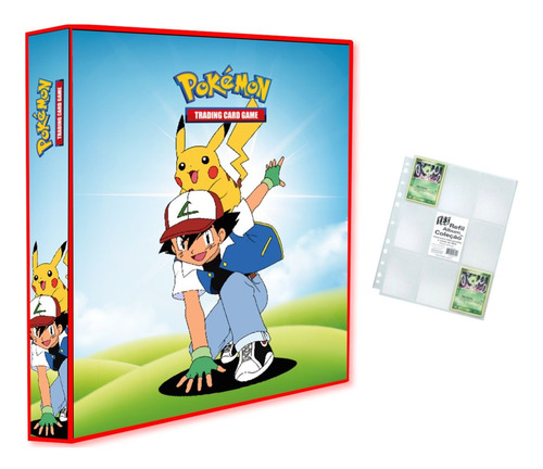 Álbum Pasta Fichário Pokemon + 10 Folhas Ash E Pikachu