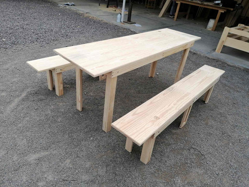 Mesa Con Bancas De Madera Uso Rudo Grande De 2 Metros