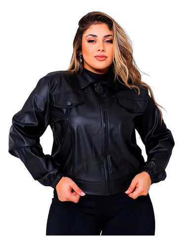 Jaqueta Feminina Couro Fake Plus Size Casaco Botões Luxo