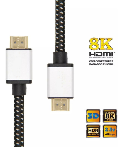 Cable Hdmi 2.1 8k Mallado Premium 48gbps 60hz Ultra Hd 2 Mts