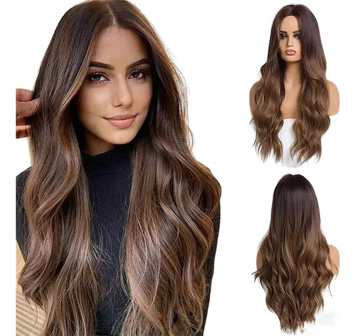 Pelucas Mujer Dama Cabello Naturales Larga Onduladas Marrón