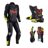 Kit Motoqueiro Masculino Pista V2 Macacao 1 Peça/bota/luvas