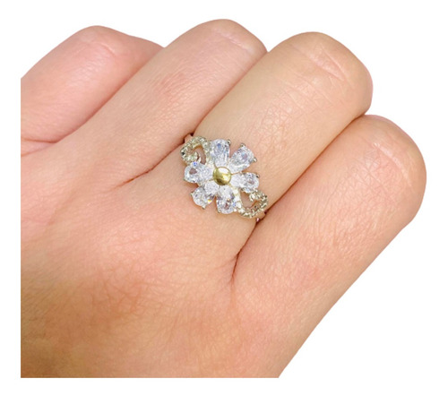 Anillo Flor Margarita Blanca Plata Y Oro Ap 332