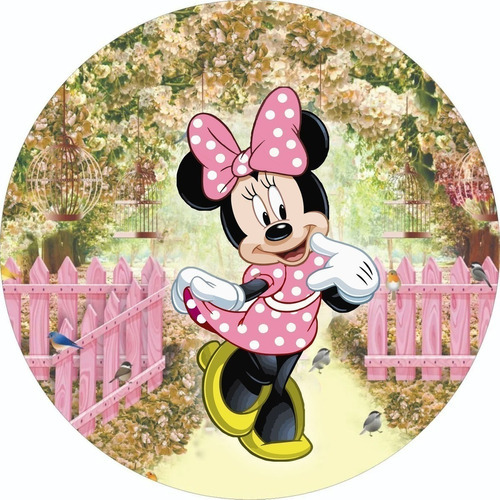 Painel Minnie Rosa Jardim 1,5x1,5 C/elástico Redondo Tecido