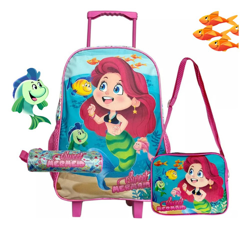 Kit Mochila Infantil Com Rodinha Sereia + Estojo Lancheira