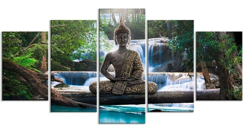 Quadro Decorativo Mosaico 5 Peças Buda Ásia Cachoeira 3mm