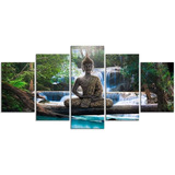 Quadro Decorativo Mosaico 5 Peças Buda Ásia Cachoeira 3mm