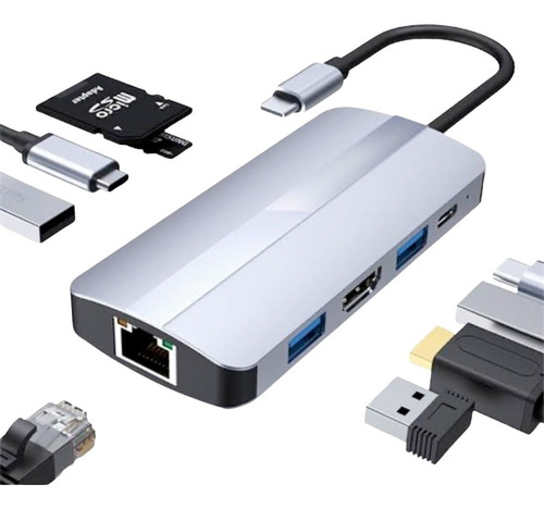 9 En 1 Hub Usb C 3.0 Adaptador Sd Rj45 Hdmi 4k Para Mac iPad