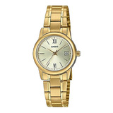 Reloj Casio Dama Ltp-v002g-9b3, Gold, Numeros Romanos, Fecha