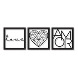 Trio Quadros Decorativos Kit Romântico Decoração Sala Quarto Cor Preto Cor Da Armação Preto