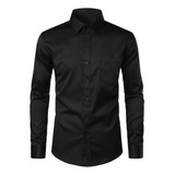 Camisa Lisa Manga Larga Negro Cuello Normal Hombre 