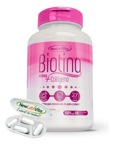Biotina 45mcg + Colágeno  Cabelo Pele Unhas - 60 Comprimidos