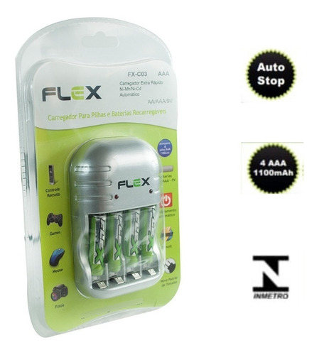 Carregador De Pilhas Auto Stop + 4 Pilhas Aaa 1100 Mah Flex