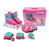 Patins Inline Roller Infantil Rosa 34 Ao 37 C/ Kit Proteção