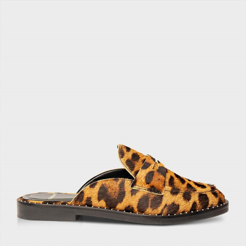 Mule Flat Rebites Pelo Animal Print Leopard Carrano 214029