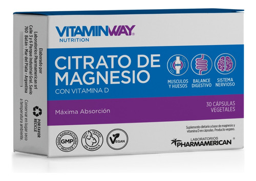 Citrato De Magnesio Estuche 30 Cápsulas Vitamin Way + Vit. D Sabor Sin Sabor