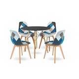 Comedor Mesa Redonda Negra 80cm + 4 Sillas Patchwork Wood Ce