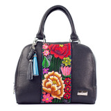 Bolso Elsa De Piel Con Telar Artesanal Zinacantán Bolsa Dama Color Negro Diseño De La Tela Floreado Zinacantán