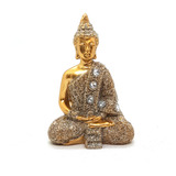 Buda Tailandês Meditando Dourando Brilhante Buda 9 Cm