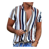 Camisa Casual De Manga Corta A Rayas Para Hombre De Verano.