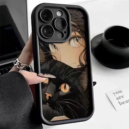 Funda De Teléfono Negra Con Diseño De Gato Y Niña Pintada Al