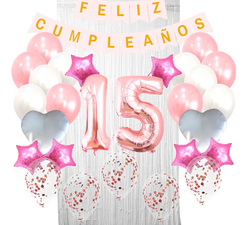 Combo Globos Kit Deco Fiesta Feliz Cumple Rosa Y Blanco