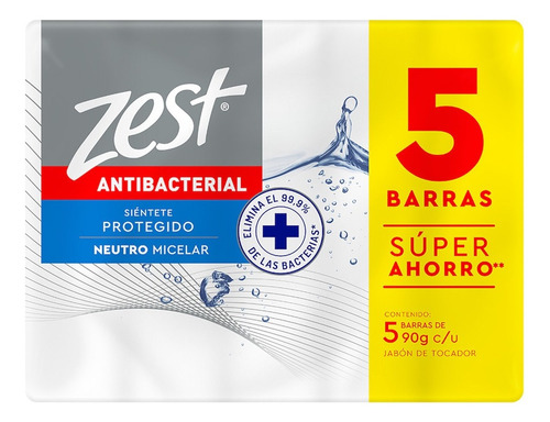 Jabón En Barra Zest Neutro Antibacterial Pack 5 X 90g C/u