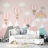 Mural Infantil Vinilico Globos Con Animalitos Bosque Rosa