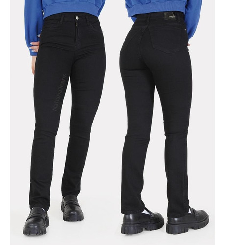 Pantalon Recto Jean Negro Elastizado Tiro Alto