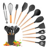 Set Utensilios Cocina Silicón Y Mango De Madera  12 Pzs Negr