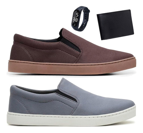 Kit 2 Pares De Sapatênis Slip On Masculino Com Acessórios 