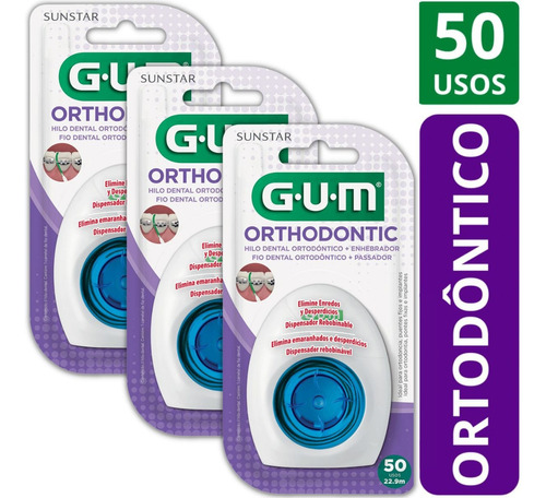 Kit 3 Fio Dental Ortodôntico Gum 50x Rebobinável C/ Passador