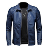 Chamarra Vini Piel Slim Fit Moda Hombre Tipo Biker Azul Sl8